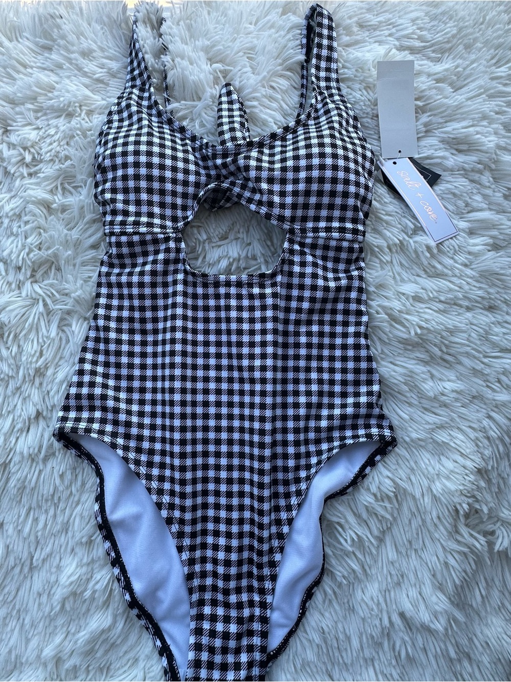 Salt + Cove Black & White Gingham One-Piece Swimsuit with Front Cutout size XS